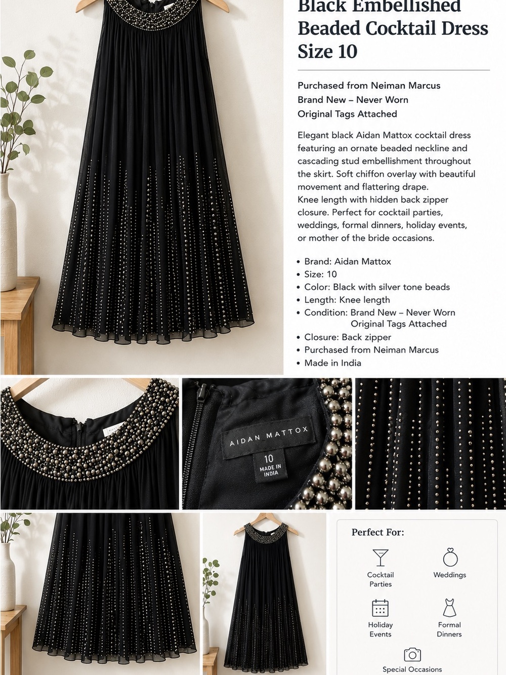 Aidan Mattox Black Beaded Midi Skirt with Embellished Waist